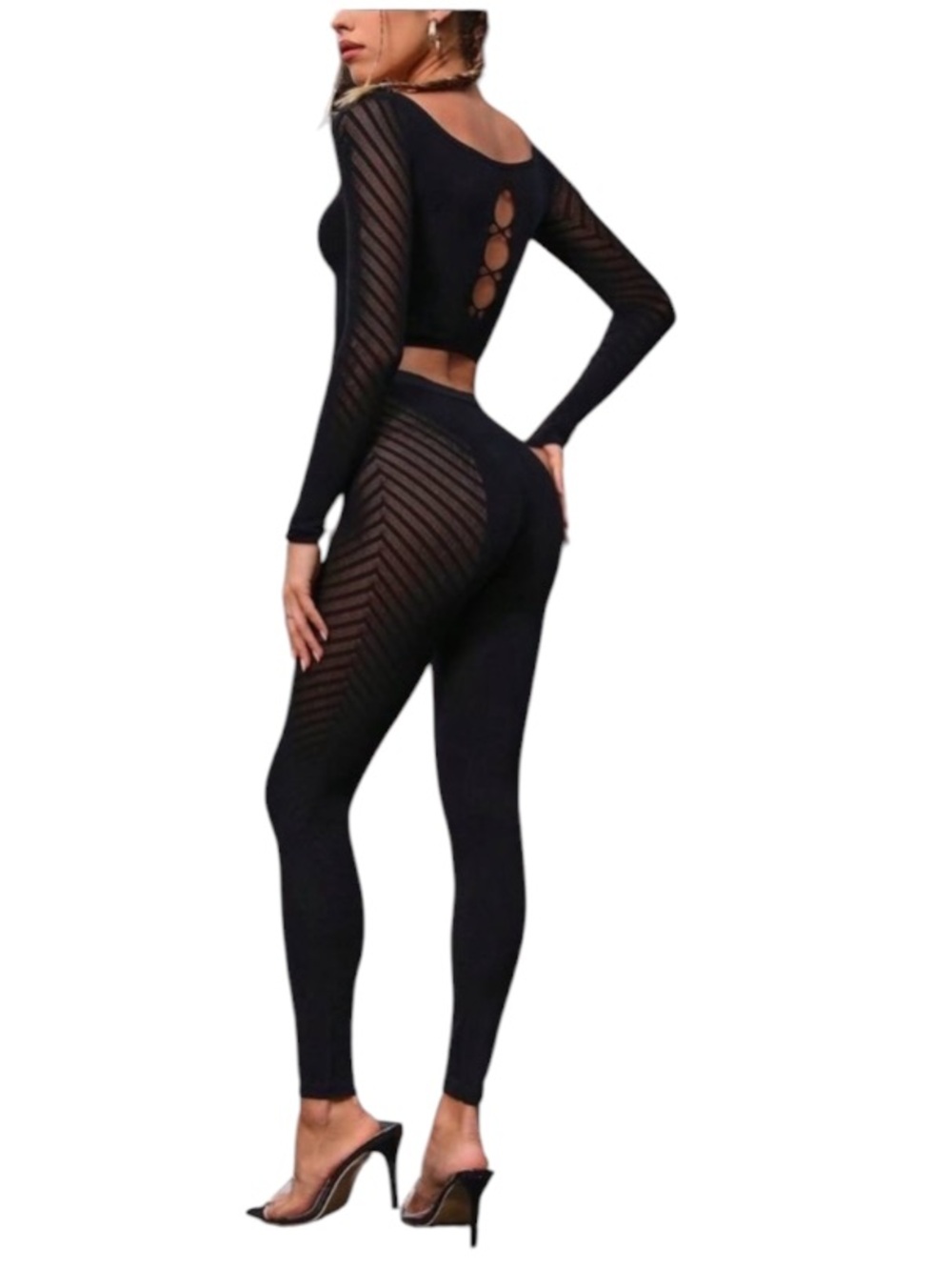 SHEIN Unity Women'S Mesh Spliced Long Sleeve Cropped Top And Pants Set